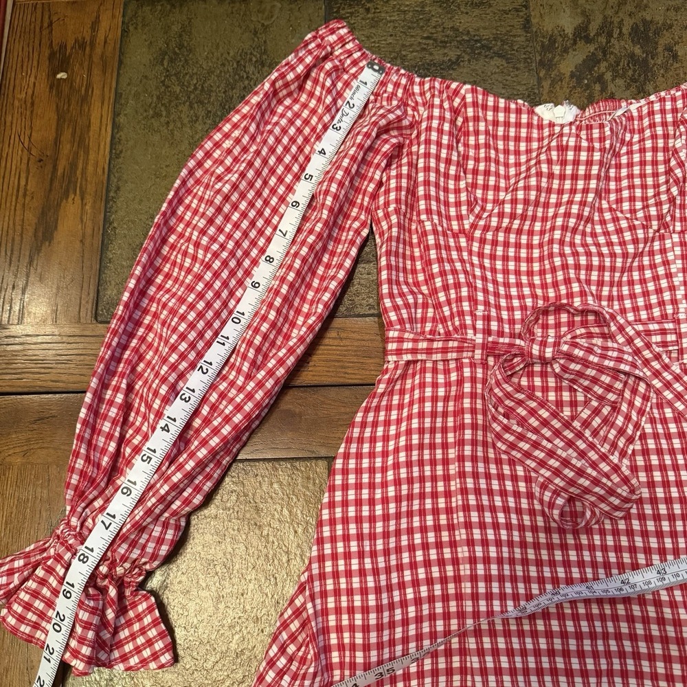 Anthropologie Maeve Bare Red Gingham Off Shoulder Frill Ruffled Mini Dress US 8 - Picture 9 of 11